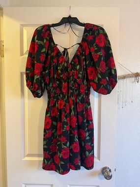 Old Navy Black Mini Dress with Red Rose Print
